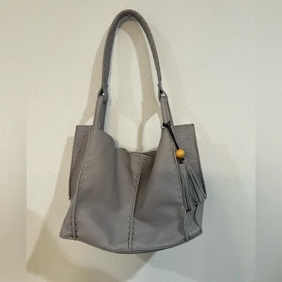 The Sak Los Feliz Leather Hobo Bag Dove Gray | Embossed Boho Tassel Purse | NWOT - Picture 4 of 11